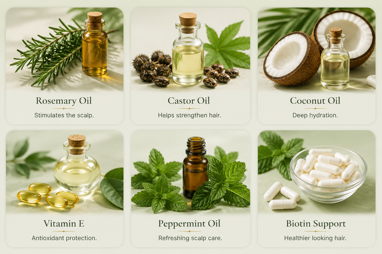 Rosemary, castor, coconut, vitamin E, peppermint and biotin ingredients